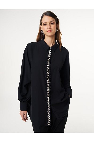 Kayra Black Collar Tunic - Embroidered Collar Shirt