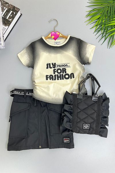 Minigimin Cicileri My Little One's Ciceleri Sly Fashion Girl's 3-Piece Skirt Suit with Bag - Black