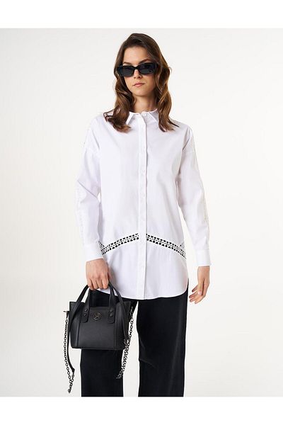 Kayra Poplin Tunic with Lace Stripe - Optical White
