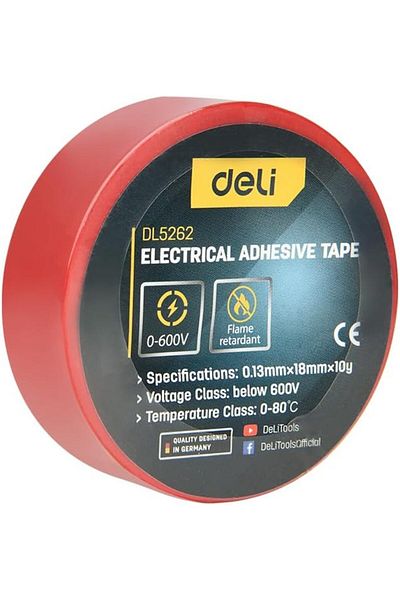 Deli PVC Electrical Insulating Tape, 0.13 mm x 18 mm x 10 Meter Size, Red