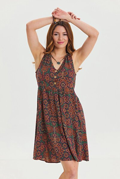 Los banditos V Yaka Düğme Detaylı Kolsuz Otantik Elbise