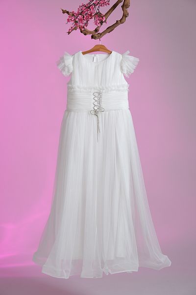 Pina Kids Girl's Evening Dress with Thread Detail and Ruffle Sleeves Aby.3005