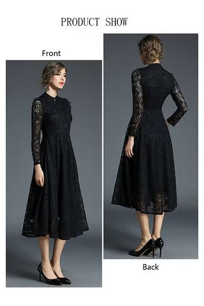 Generic Duniso Women's Evening Dress Lace Long Sleeve A-line Knee-length Maxi Dress, Banquet Party Dress