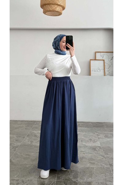 Hatun Atila Wide Leg Modal Skirt Trousers with Elastic Waist - Navy Blue