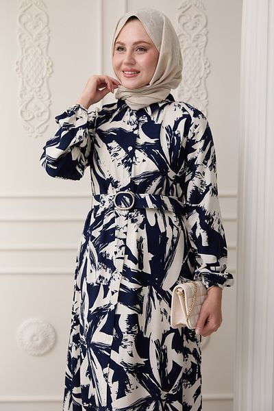 InStyle Buttoned Brush Pattern Navy Blue Viscose Dress