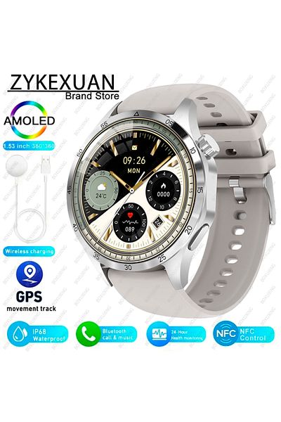ZYKEXUAN GPS NFC Smart Watch Grey For HUAWEI IOS Outdoor Sport GPS Smart Watch Men 1.53-inch HD AMOLED Screen