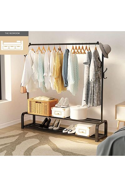 COOYA Metal Double Clothes Rack, With Hooks, 110x54x150cm, Hanger for Hanging Clothes, Black