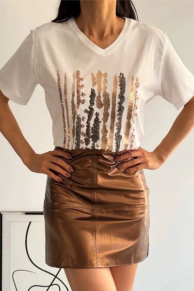 Bİ.GİYSEN Women's White V-Neck Front Sequined Embroidered 100% Cotton Combed Cotton Blouse