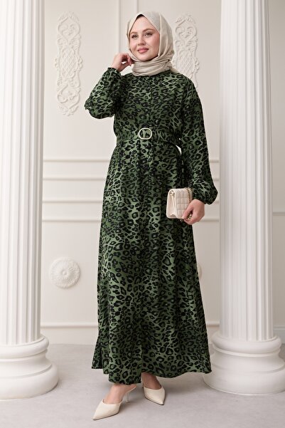 InStyle Leopar Desen Yeşil Viskon Elbise