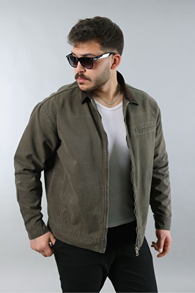 LTC Jeans Men's Regular Fit Collar Garni Zippered Khaki Denim Jacket