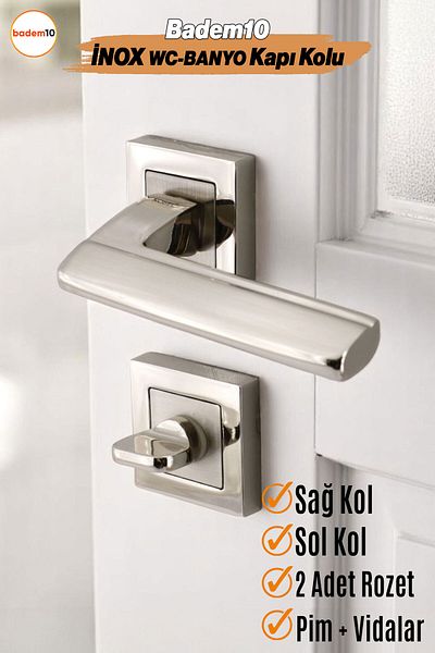 Badem10 (1 SET) Mâner de ușă de baie ultra WC blocabil cu rozetă pătrată inox dreapta stânga Mânere convenabile pentru uși de casă