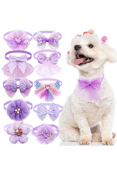Choice as the picture shows 10pcs Pet Dog Bow Collar Adjustable Dog Cat Bows Collar Lace Bling Necktie for