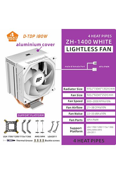 Choice كما هو موضح كما هو موضح ZH-1400 LIGHTLESS W METALFISH مبرد وحدة المعالجة المركزية ZH1400 ذو 4 أنابيب حرارية ومروحة ARGB صامتة ذات 4 سنون PWM
