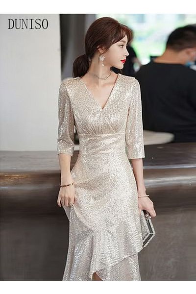 Generic Duniso Elegant Lady Evening Dress V-neck Long Wedding Party Three-quarter Sleeve Dress Banquet Party