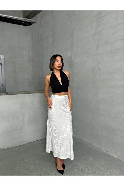 BEJNA Fusta lungă din satin cu model leopard alb de damă