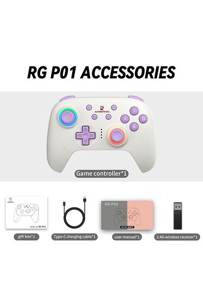 Choice وحدة تحكم ألعاب ANBERNIC RG P01 سلكية لاسلكية بتقنية البلوتوث، لون بيج أبيض، عصا تحكم RGB بتأثير هول لأجهزة إكس بوكس