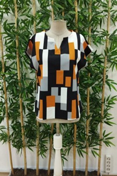 Mossta Women's Short Sleeve V Neck Batwing Atlas Blouse - Stylish Blouse with Geometric Print