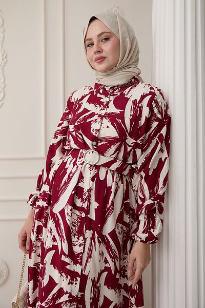 InStyle Rochie din viscoză burgundă cu model de perie cu nasturi