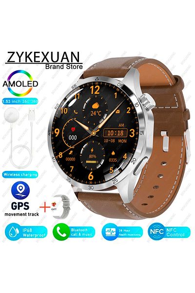 ZYKEXUAN GPS NFC Smart Watch Brown leather For HUAWEI IOS Outdoor Sport GPS Smart Watch Men 1.53-inch HD AMOL