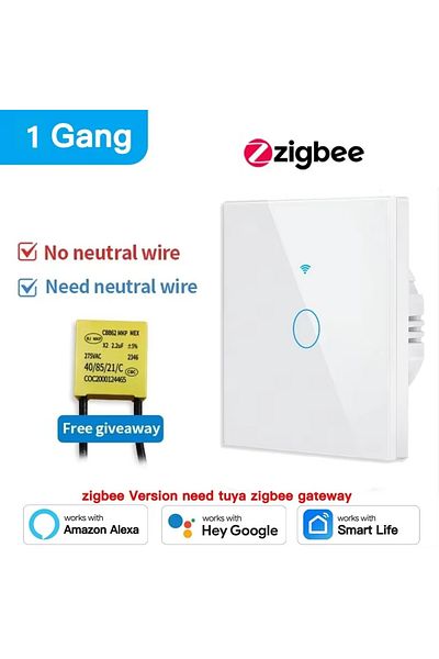 Choice 1Gang White ZigBee Wall Touch Smart Switch, 1/2/3/4 gang, No-Neutral/Wire LED light control Wall But