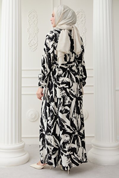 InStyle Buttoned Brush Pattern Black Viscose Dress