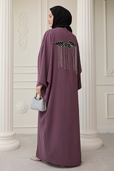 InStyle Dökümlü Taşlı Elbiseli Gül Kurusu Abaya
