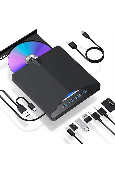 Choice محرك أقراص DVD RW خارجي أسود 7 في 1 بمنفذ USB 3.0 Type-c وقارئ أقراص مضغوطة وناسخ ومشغل بصري خارجي