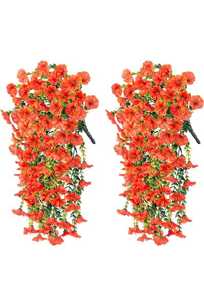 Choice Orange 2pcs UV-Resistant Artificial Morning Glory & Eucalyptus Hanging Decor - Perfect for Home, Gar