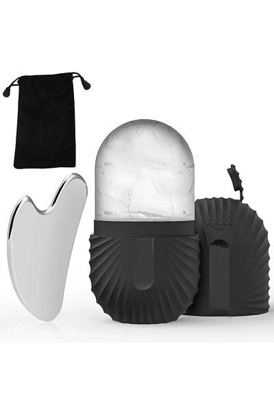 LSHOW 2pcs set-black New Ice Face Roller Stainless Steel Gua Sha Tool Set Skin Care Beauty Set Face Massag