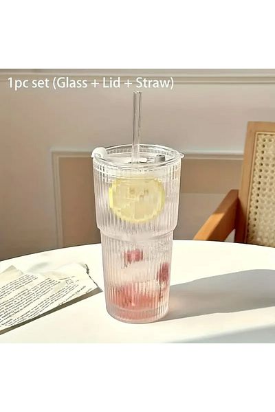 Choice 600ml 1Set 600ml Stripe Glass Cup with Lid and Straw Transparent Drinking Glasses for Juice Water an
