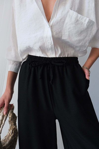 Hatun Atila Summer Relaxed Cut High Waist Rope Lace-Up Wide Leg Loose Palazzo Pants - Black