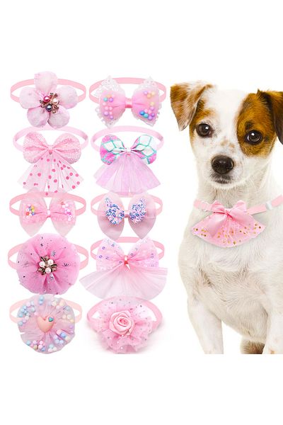 Choice as the picture shows 10pcs Pet Dog Bow Collar Adjustable Dog Cat Bows Collar Lace Bling Necktie for