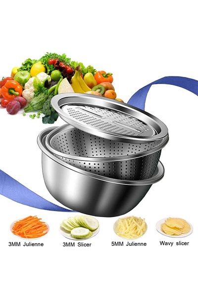 Choice 3 في 1 قطاعة الخضار، مبشرة، سلة تصريف من الفولاذ المقاوم للصدأ، وعاء صانع سلطة الخضار...
