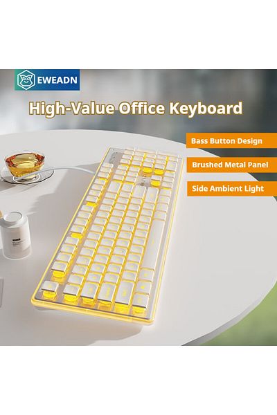 Choice White -orange light EWEADN GX710S Office Keyboard silent, All-Metal Panel 104 Keys Wired with Water