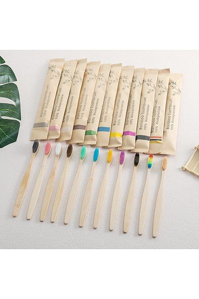 Choice 10 PCS Single Cowhide Wrapped Bamboo Toothbrush Set Natural and Environmentally Friendly Bamboo Toot
