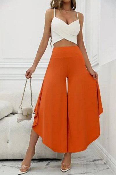 Mossta Slit Detail Flounced Wide Leg Sandy Trousers Orange