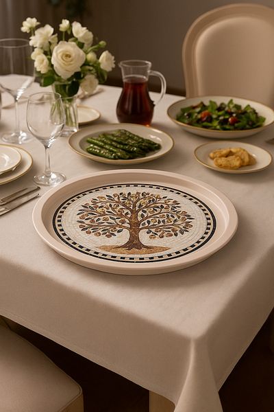 Arma House Mosaic Patterned Olive Tree Themed Decorative Tray 35 cm