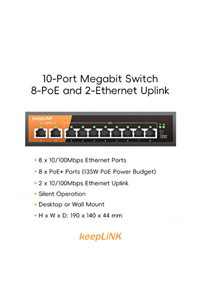 Choice1 Switch with EU Plug KeepLiNK 10-Port Megabit Ethernet Switch with 8-PoE Ports and 2-Ethernet Uplink
