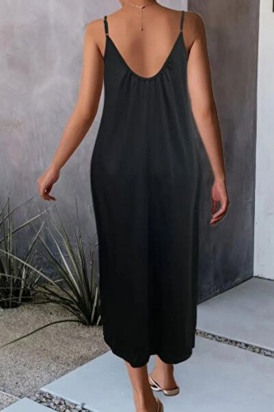 Mossta Relaxed Cut Viscose Dress with Rope Straps and Pockets Black