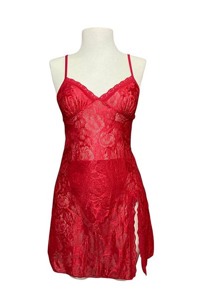 İNSPİRA Women's Short Jacquard Slit Detailed Transparent Nightgown Thong Set