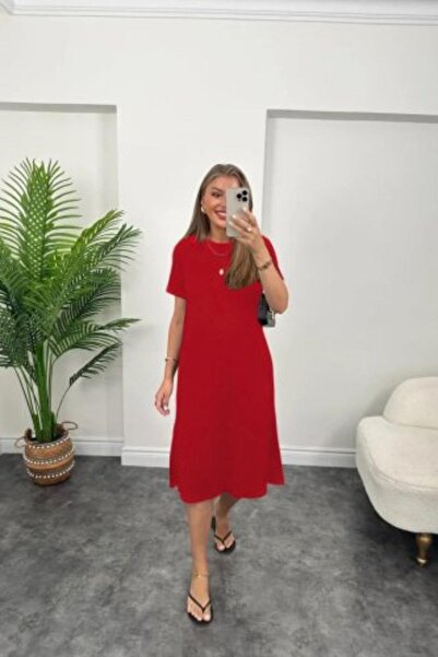 Mossta Red Viscose Dress - Slit Hasta Feel Comfortable Fit