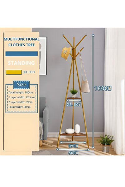 COOYA Clothes Holder, Modern Independent Three Pronged Metal Hanger, With 2 Shelves, Easy Assembly, Gold