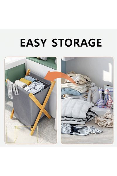 COOYA Bamboo Laundry Basket, Portable Collapsible with Removable Liner Bag, X Frame, for Bathroom(Grey)