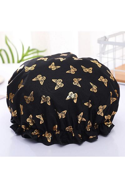 Choice Black 【hot Sales】double Shower Cap Waterproof Hair Cap Hot Gold Printed Terylene Cotton Shower Cap B