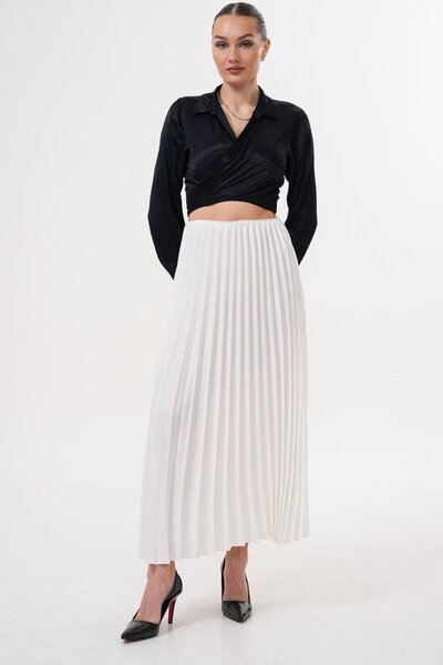 Flame İstanbul Butik Fusta albă din satin plisat cu talie elastică - SRP9438