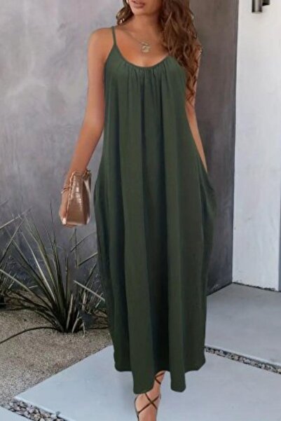 Mossta Φόρεμα από βισκόζη με άνετη εφαρμογή, με κορδόνια και τσέπες, χακί