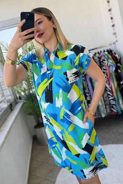 KUBOS MODA Shoulder Draped Polo Neck U Pattern Brush Blue Knee Length Dress