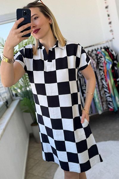 KUBOS MODA Shoulder Draped Polo Neck U Pattern Checker Black Knee Length Dress