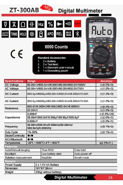 ZOYI ZT300AB ZT300AB Smart Digital Multimeter 6000 Counts Auto/Manual AC/DC Voltage Current Meter