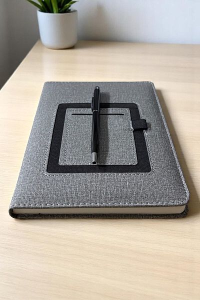Nesnel Gift Термо кожен сив модерен дневник с портфейл и държач за химикалки - черен сензорен химикал и метален химикал подарък